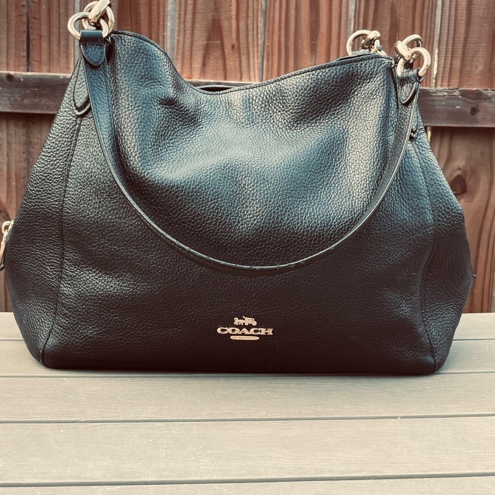 COACH Purse F80268 Hallie Shoulder Bag Tote Black Pebble Leather Gold Hardware - Picture 5 of 16